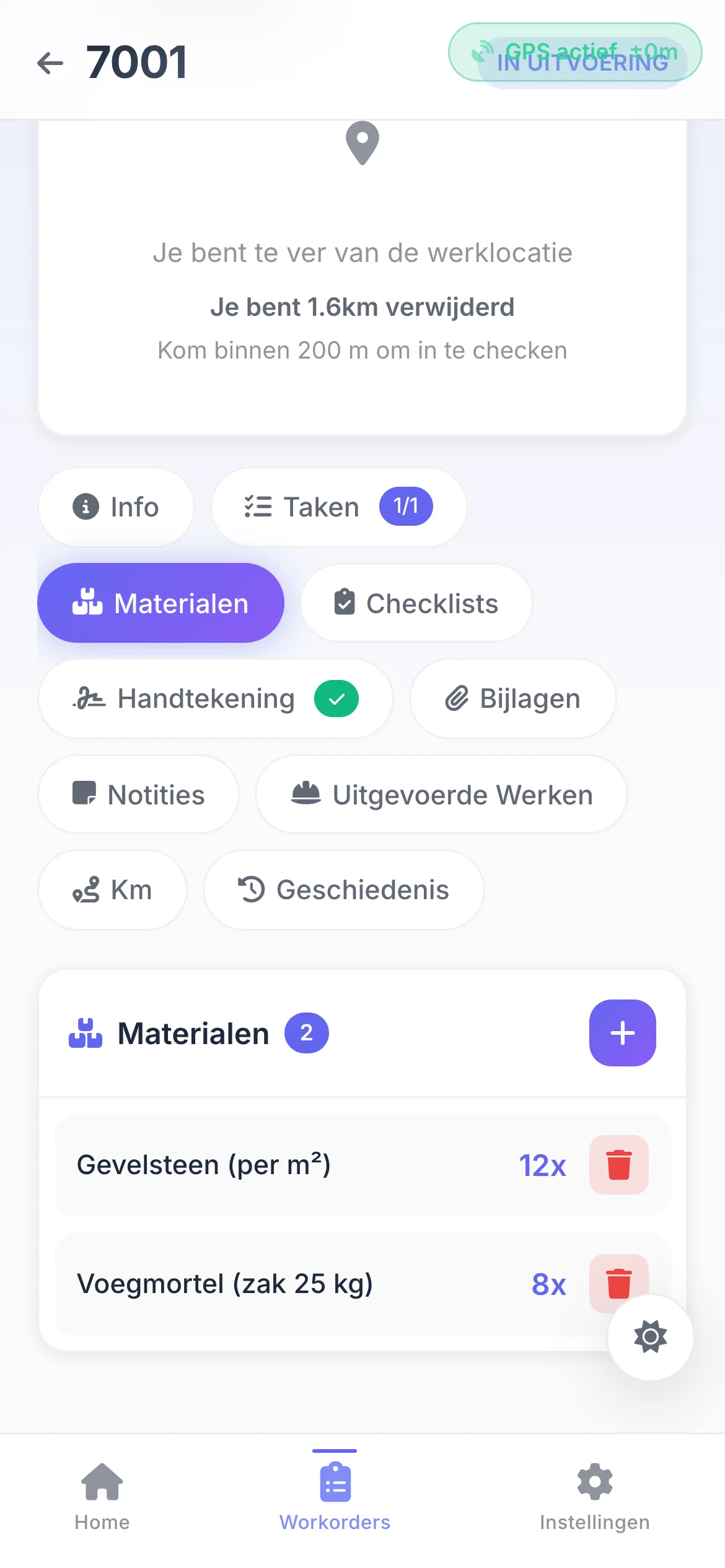 Een werkbon op gsm met de gewerkte uren en het gebruikte materiaal.