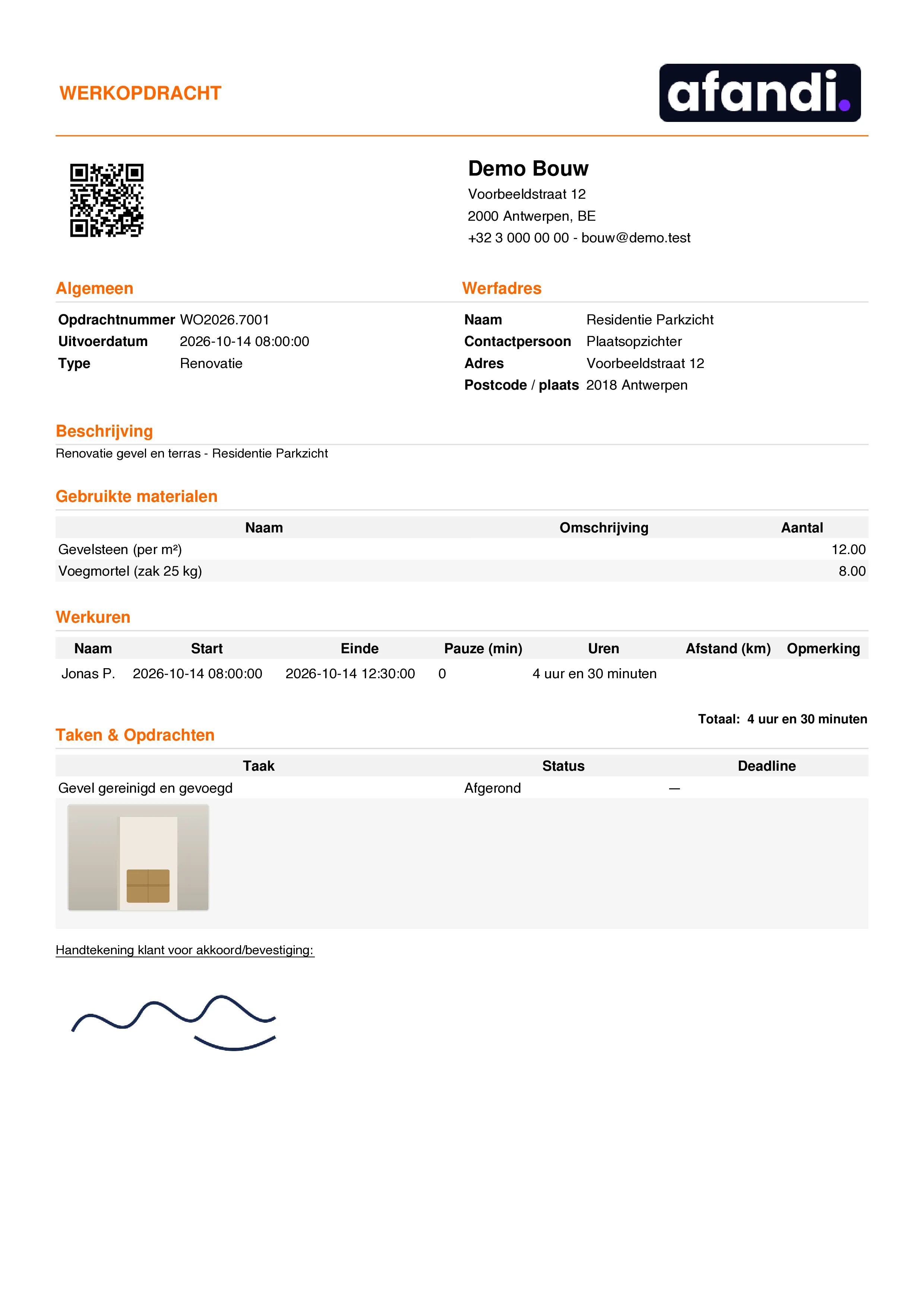 De afgetekende werkbon als pdf met uren, materiaal, foto's en handtekening.