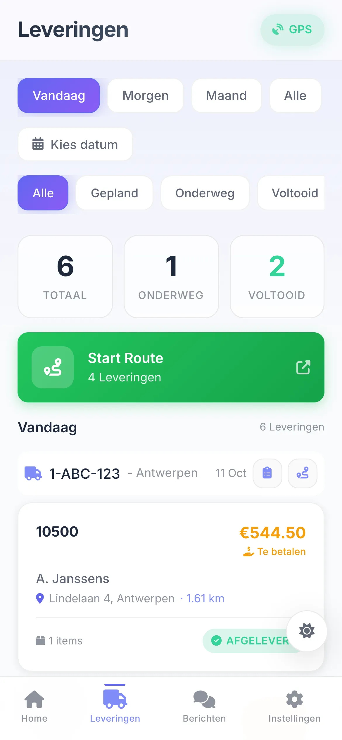 De chauffeur-app op gsm met de stops van de dag en de volgende levering bovenaan.