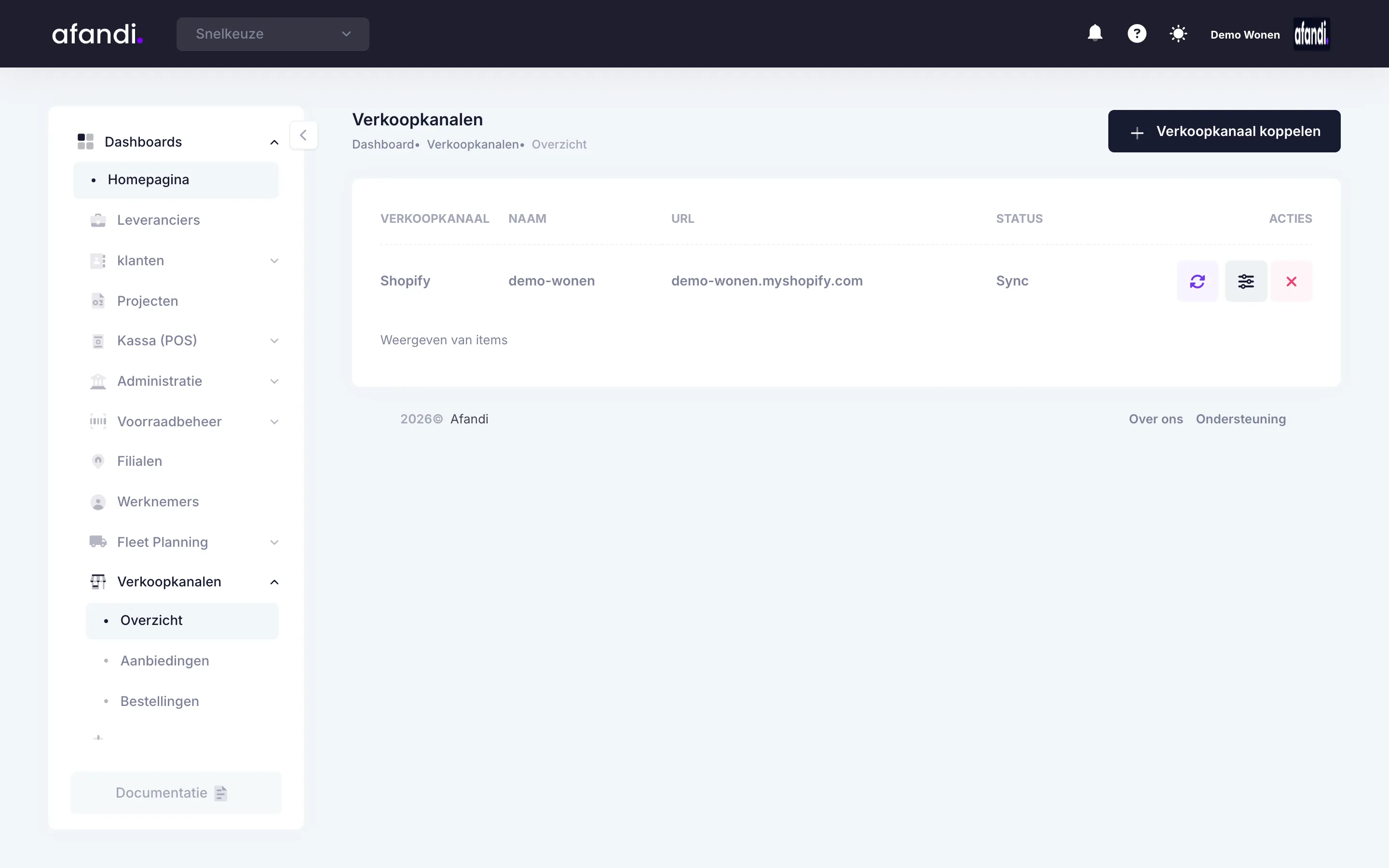 Shopify toevoegen als verkoopkanaal in Afandi.