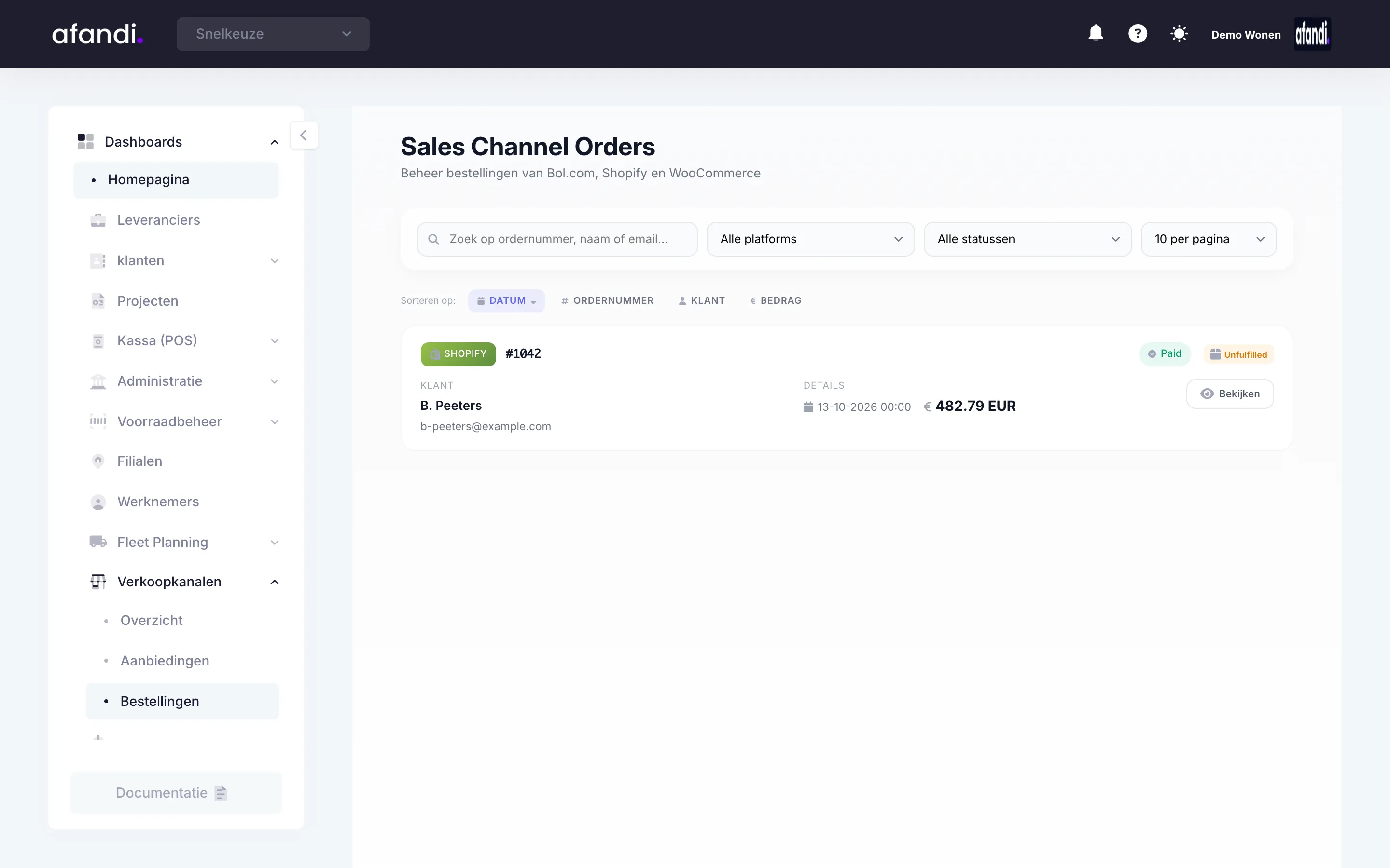 Een bestelling uit Shopify staat in Afandi als verkooporder.