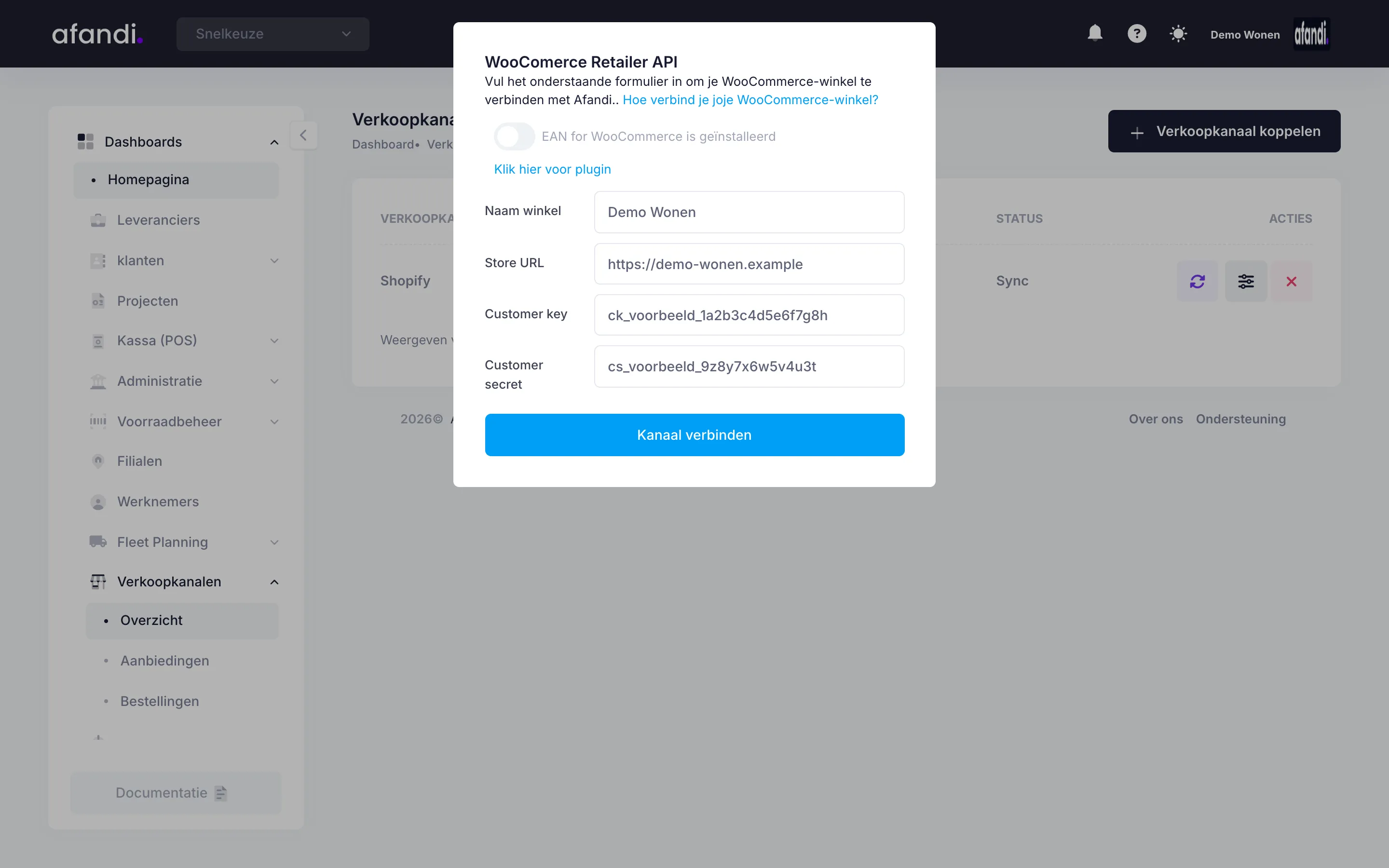 WooCommerce koppelen in Afandi met het winkeladres en een API-sleutel.