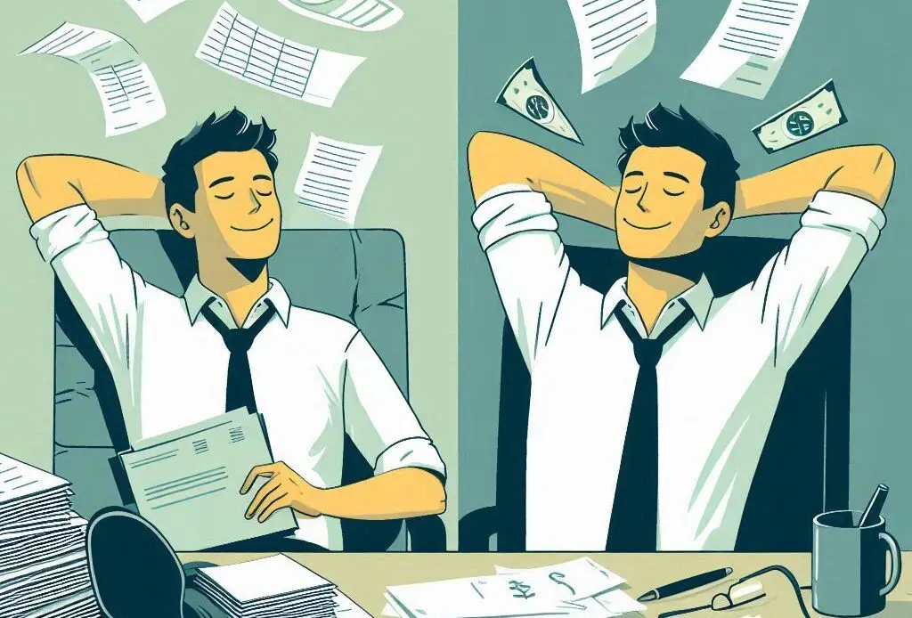 Een grafische voorstelling van een ondernemer die digitaal facturen beheert op een laptop, omringd door papieren facturen, symboliserend de overgang van handmatige naar geautomatiseerde processen in de meubelsector.