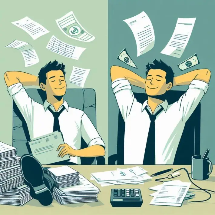 Een grafische voorstelling van een ondernemer die digitaal facturen beheert op een laptop, omringd door papieren facturen, symboliserend de overgang van handmatige naar geautomatiseerde processen in de meubelsector.