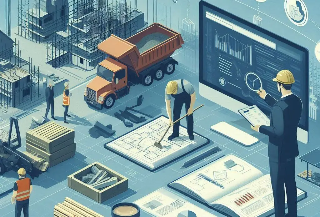 Een actief bouwproject met bouwvakkers die materialen hanteren, een projectmanager die plannen bekijkt, en een overzicht van bouwmaterialen, wat de integratie van digitaal orderbeheer en budgettering voor bouwbedrijven weerspiegelt.