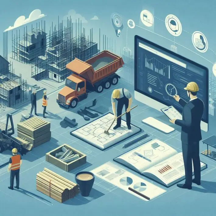 Een actief bouwproject met bouwvakkers die materialen hanteren, een projectmanager die plannen bekijkt, en een overzicht van bouwmaterialen, wat de integratie van digitaal orderbeheer en budgettering voor bouwbedrijven weerspiegelt.