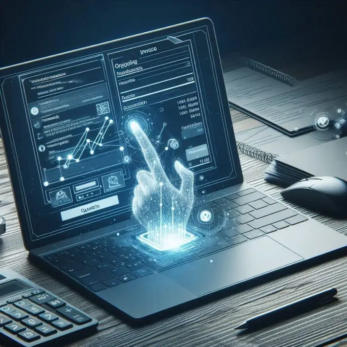 Een open laptop met facturatiesoftware in beeld, waarin een factuur of offerte te zien is, wat de digitalisering en automatisering van het facturatieproces benadrukt.