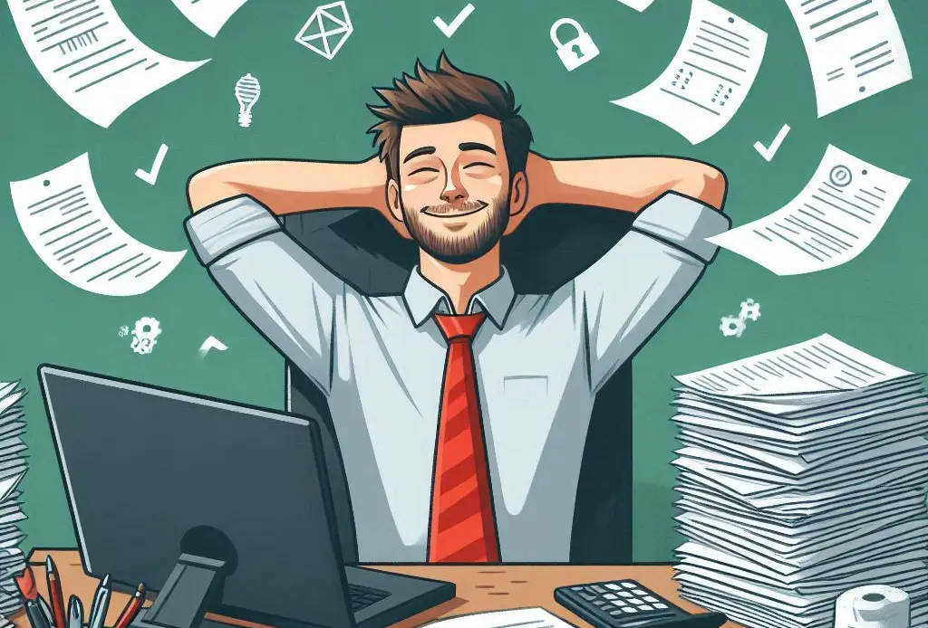 Een ondernemer die ontspannen werkt, omringd door papieren facturen en met een opgeluchte glimlach na het digitaliseren van zijn administratie.