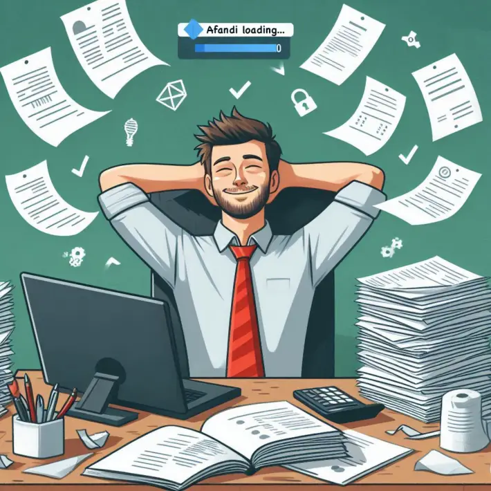 Een ondernemer die ontspannen werkt, omringd door papieren facturen en met een opgeluchte glimlach na het digitaliseren van zijn administratie.